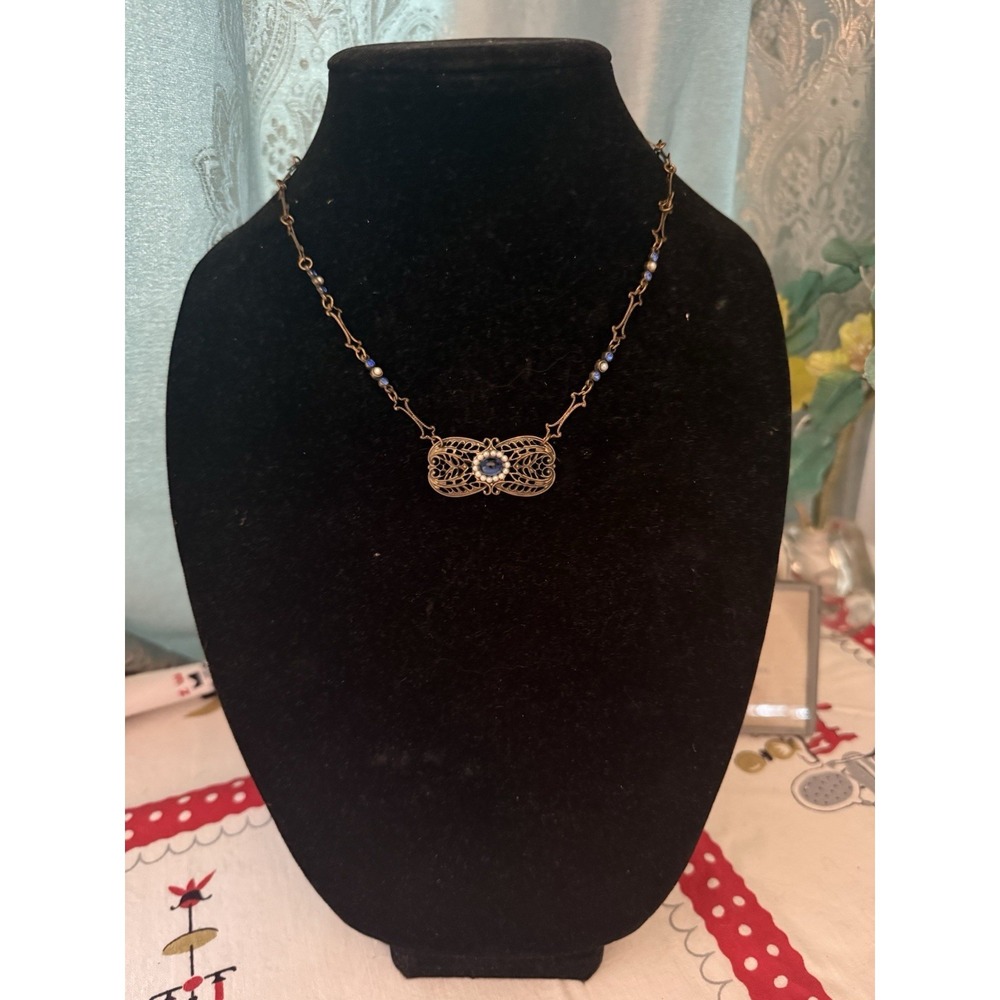 NWT VTG Glass Works Studio Necklace Pearl Blue Crystal Filigree 16" Art Deco